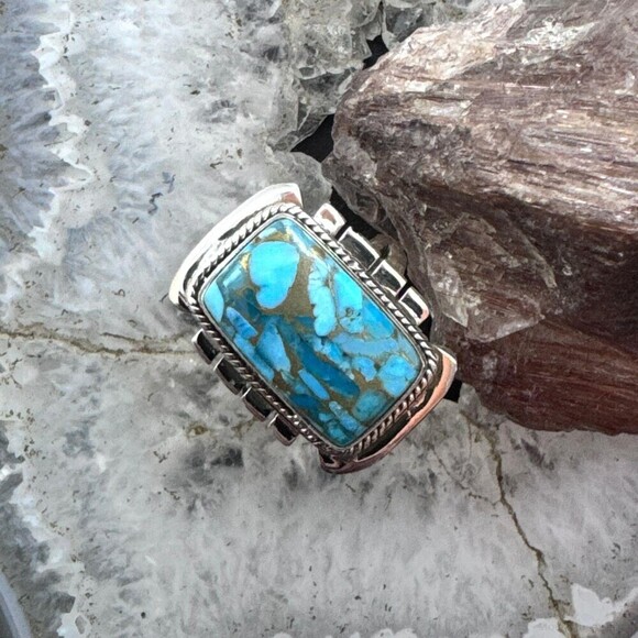 Sterling Silver Southwestern Style Blue Copper Turquoise Bar Ring Sz 8 For Women - Picture 2 of 10